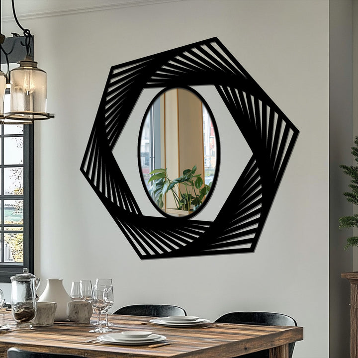 Modern hexagon floor mirror featuring a dynamic geometric metal edge, offering a stylish statement for decorating with wall mirrors.