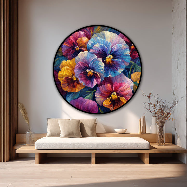 Illuminating the vibrant pansy, the brightest area of this round oil painting decoration highlights the texture and bold colors of this lively floral wall art.