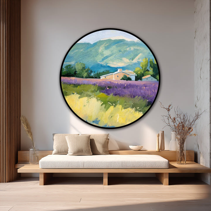 Undulating mountain silhouettes and a blooming lavender field with a quaint farmhouse coalesce in this Provence landscape oil painting art prints, emphasizing organic forms.