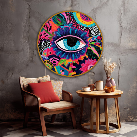 Showing the realistic detail, this vibrant round canvas print showcases colorful eye pop art as a hanging canvas with bold, abstract elements.