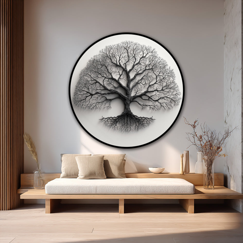 The stillness of this minimalist monochrome tree silhouette round oil painting art piece captures its elegant branching design.