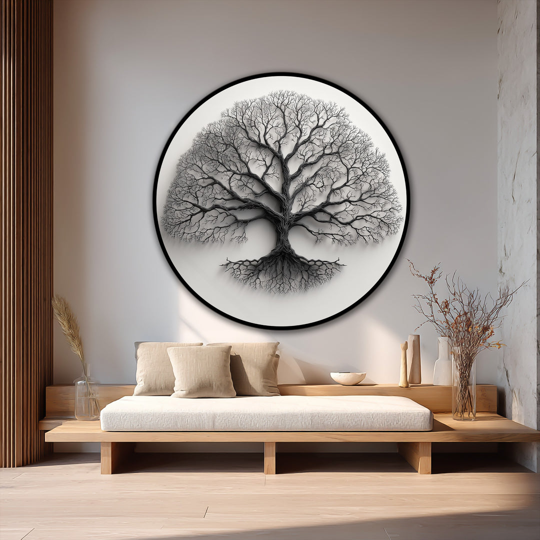 The stillness of this minimalist monochrome tree silhouette round oil painting art piece captures its elegant branching design.