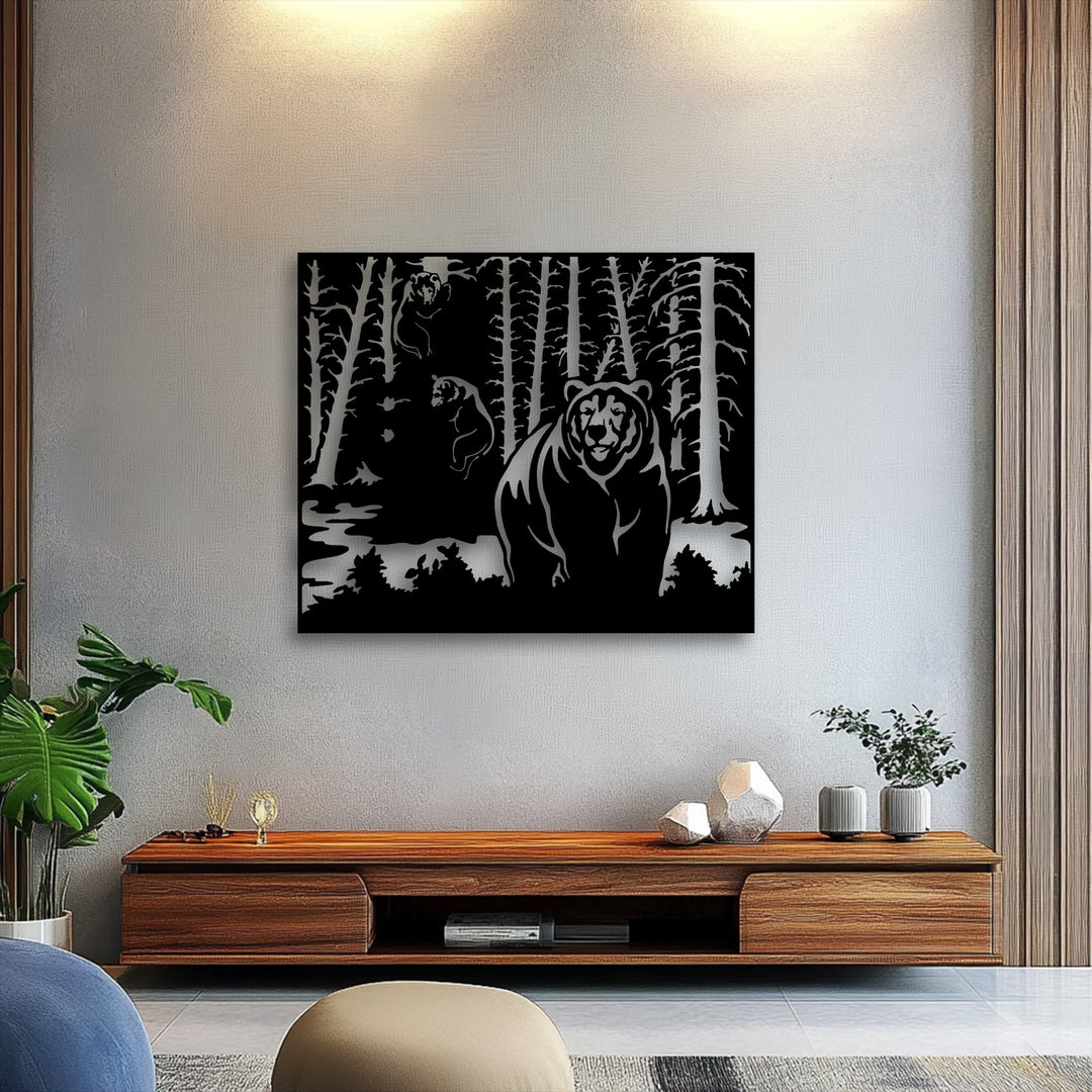 The majestic mood of nature's wilderness is captured in this unique metal wall art, depicting a powerful forest bear.