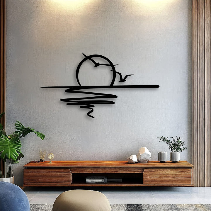 A serene ambiance emanates from the minimalist metal art for wall, showcasing a tranquil sunset over water with birds gracefully soaring.