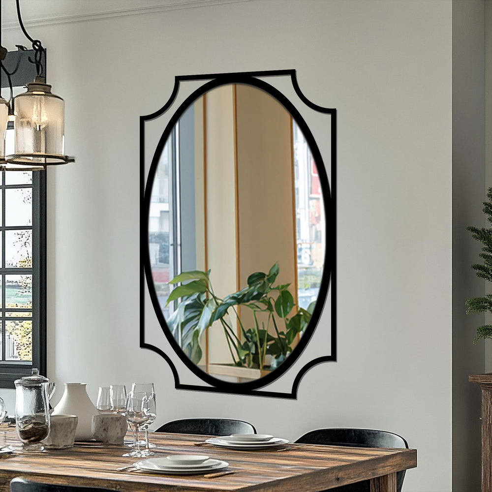 Elegant black frame highlights the oval floor mirror's reflection, showcasing a unique metal wall art that amplifies this home decoration.