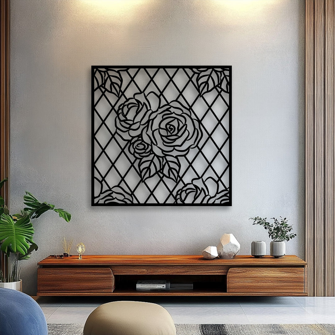 The matte black finish of the intricate rose lattice metal art for wall showcases its elegant floral geometric panel design.