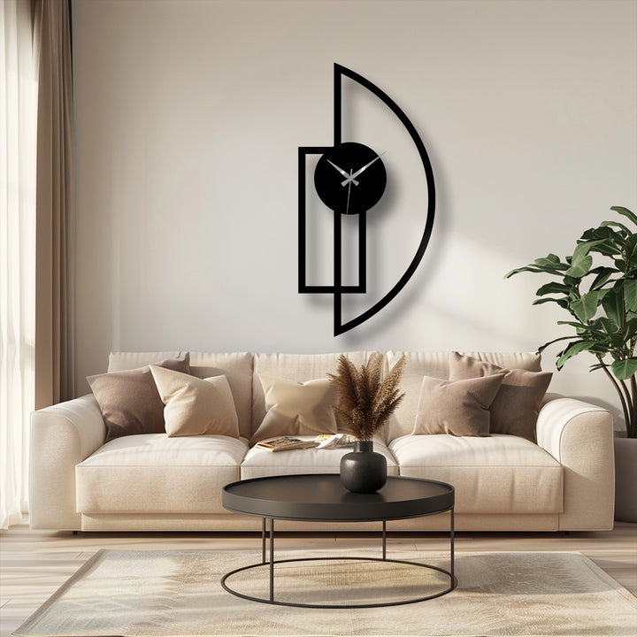 In the stillness, a minimalist half moon metal wall clock embodies art from glass with its geometric design suspended above a serene living space.