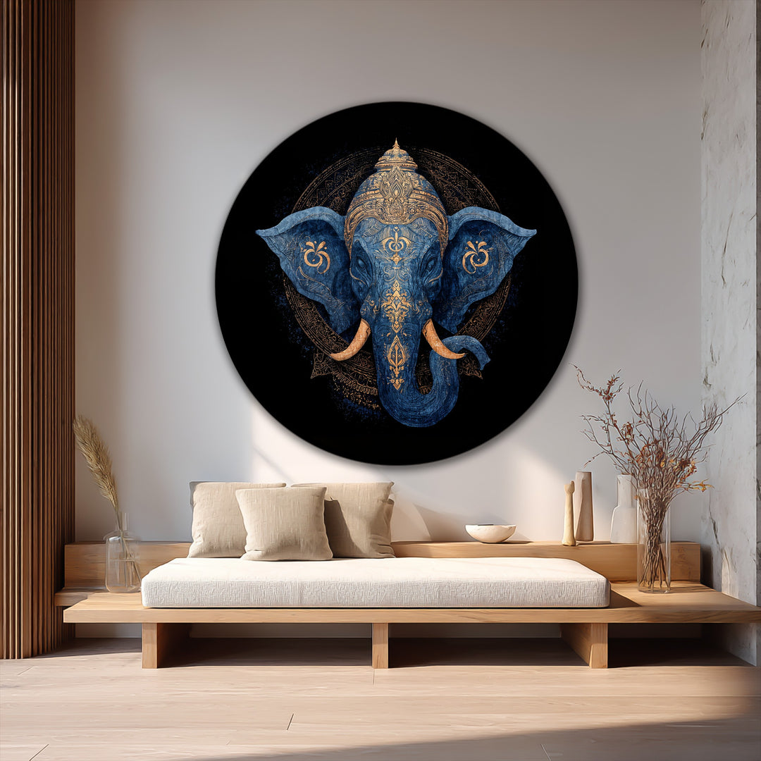 Abstract oil painting art prints showcase a round, divine elephant with indigo and gold detailing, creating a majestic and spiritual focal point.