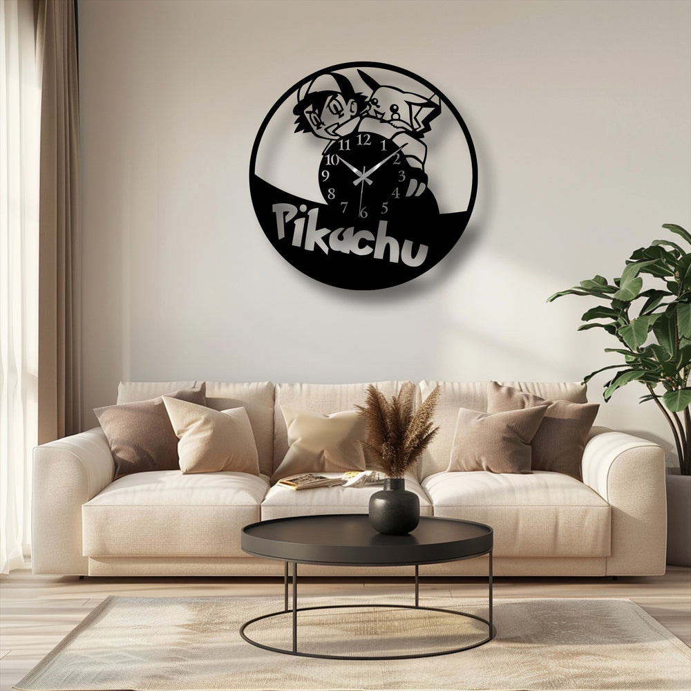 Black coffee table, dark vase, and light rug in the foreground, showing the Cartoon Character Metal Wall Clock, great metal art for wall.