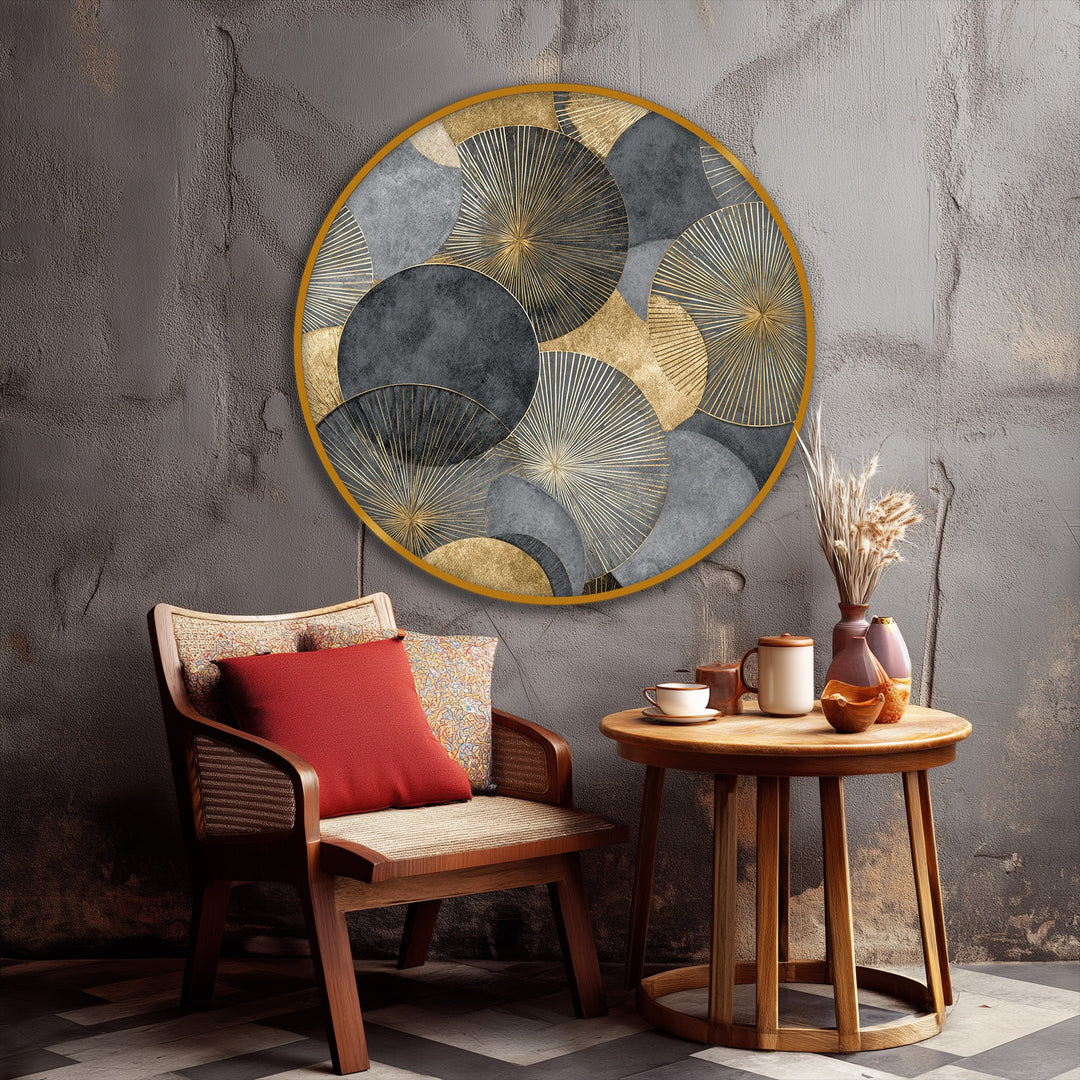Golden Geometric Circles Round Canvas Print – Modern Luxury Wall Art
