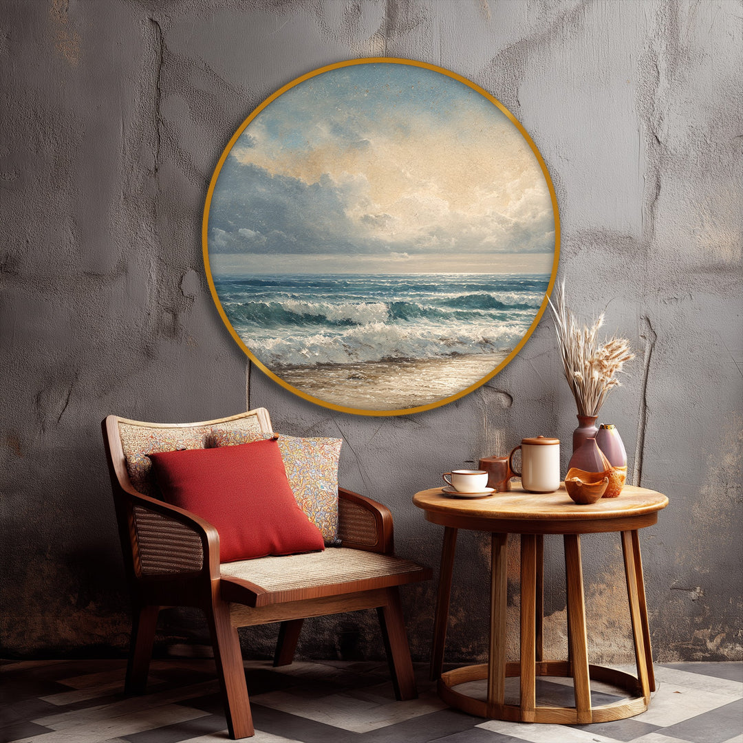 Impression sur toile ronde « Vagues côtières et rivage sablonneux » –Paysage marin classique