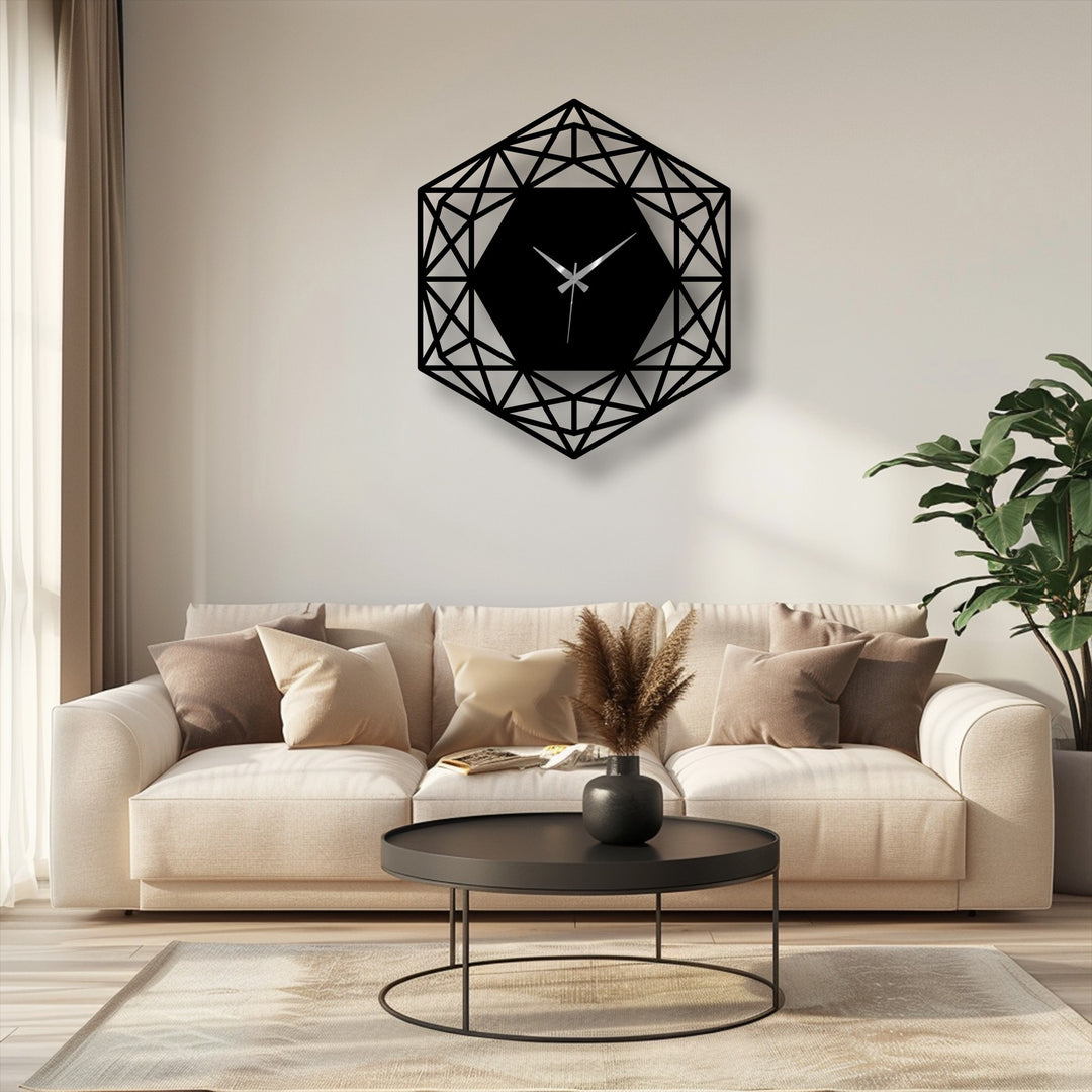 The striking black geometric hexagon wall clock stands out as a piece of unique metal wall art with a modern minimalist design.