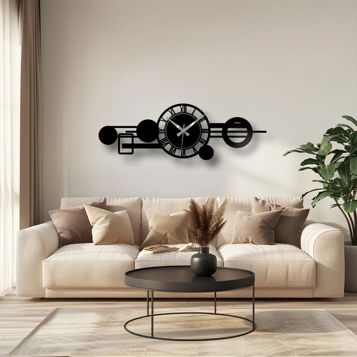 Featuring the central subject, a modern metal artwork wall clock with Roman numerals creates abstract geometric wall decor in an elegant, contemporary living room.