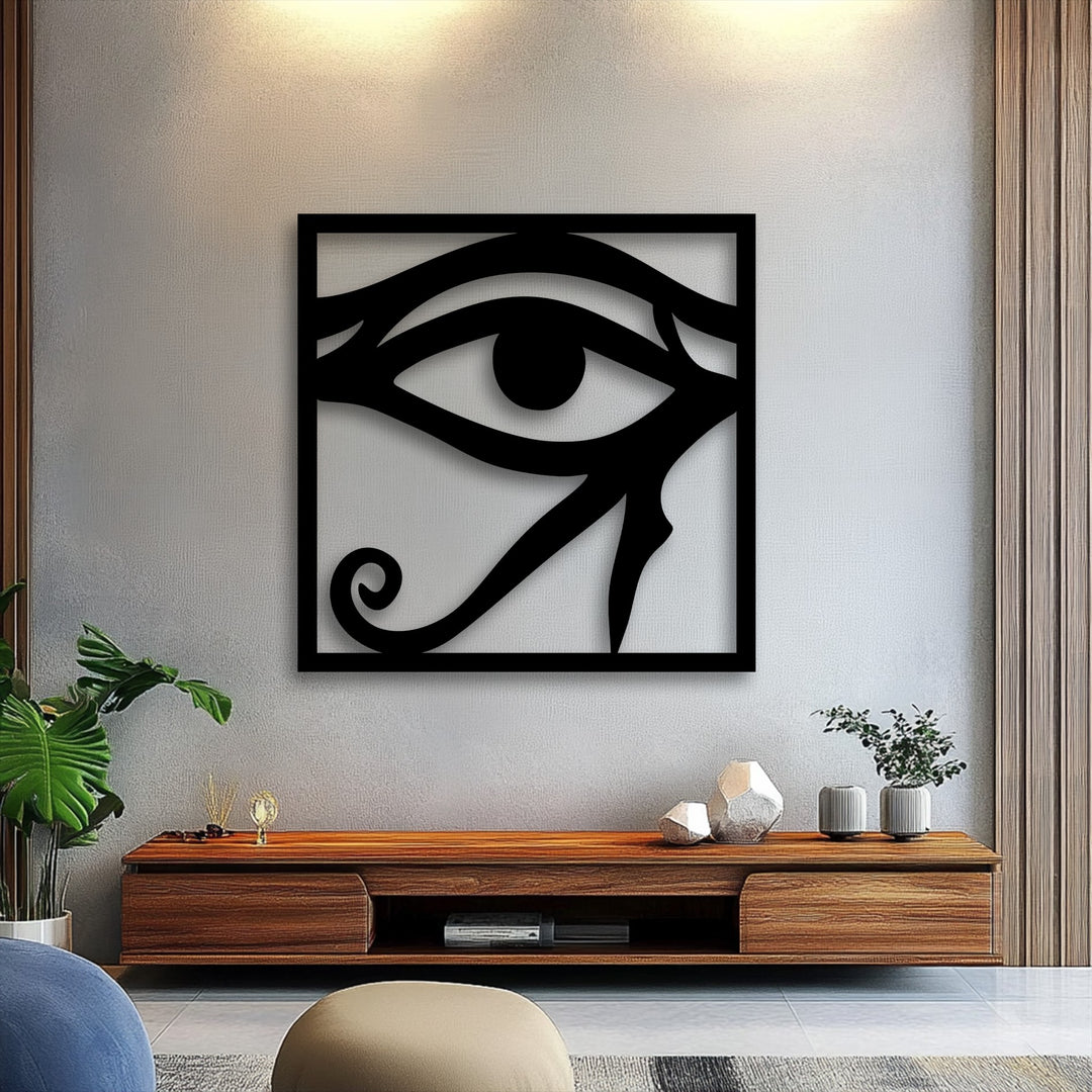 Light and shadow dramatically highlight the intricate Eye of Horus metal wall decor, casting soft depth against the textured wall.