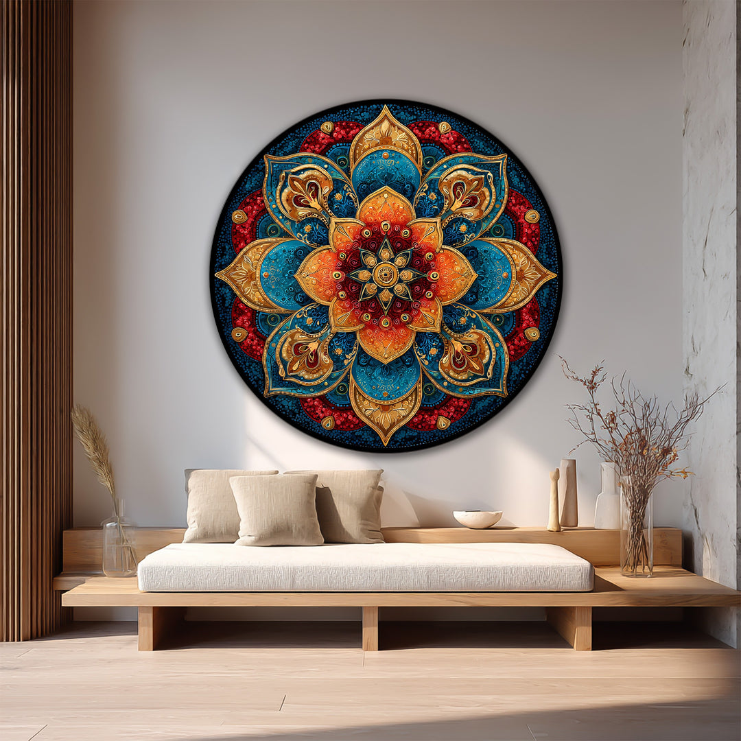 Highlighting the layering effect, this round ornamental oil painting decoration reveals concentric jewel tones in an intricate mandala design, radiant on wood for an eclectic wall art piece.