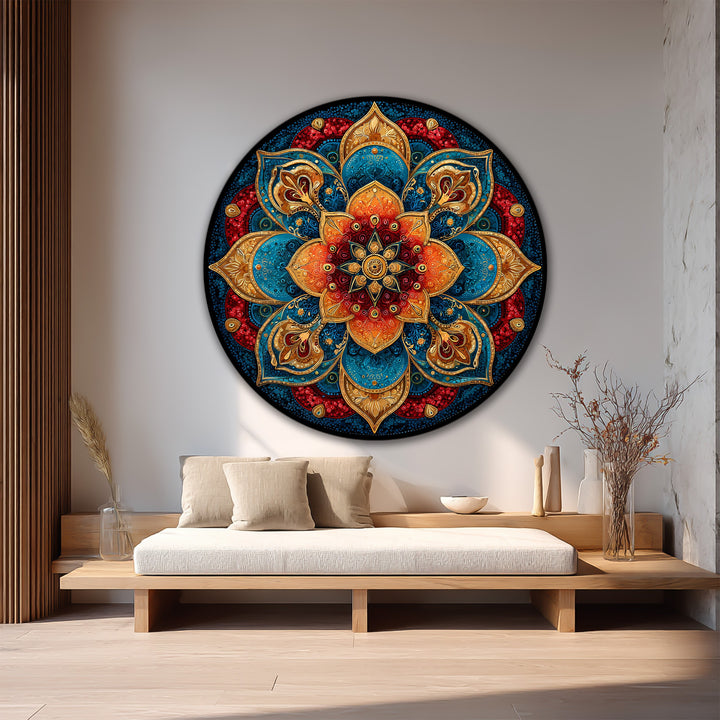 Highlighting the layering effect, this round ornamental oil painting decoration reveals concentric jewel tones in an intricate mandala design, radiant on wood for an eclectic wall art piece.