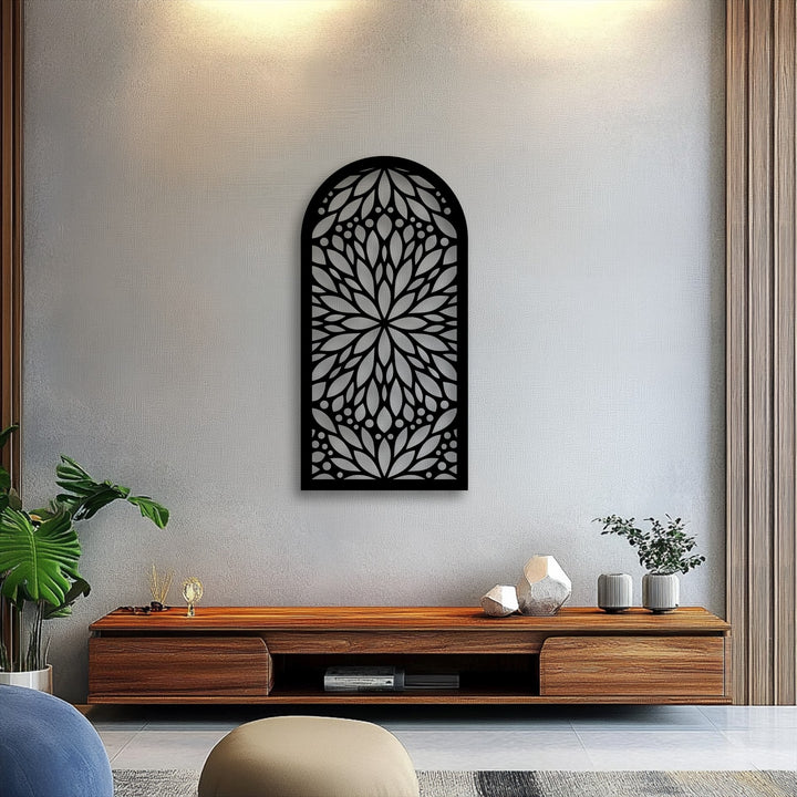 A serene and elegant mood is created by the arch-shaped mandala floral decorative metal art piece, enhancing a modern living space.