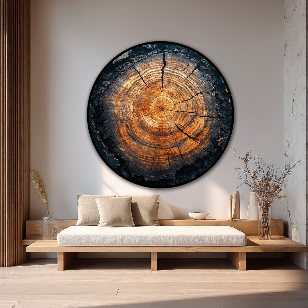 Glowing organic forms define the rustic tree core in this stunning oil painting artwork, showcasing the eternal rings and textured details of the wood's age.