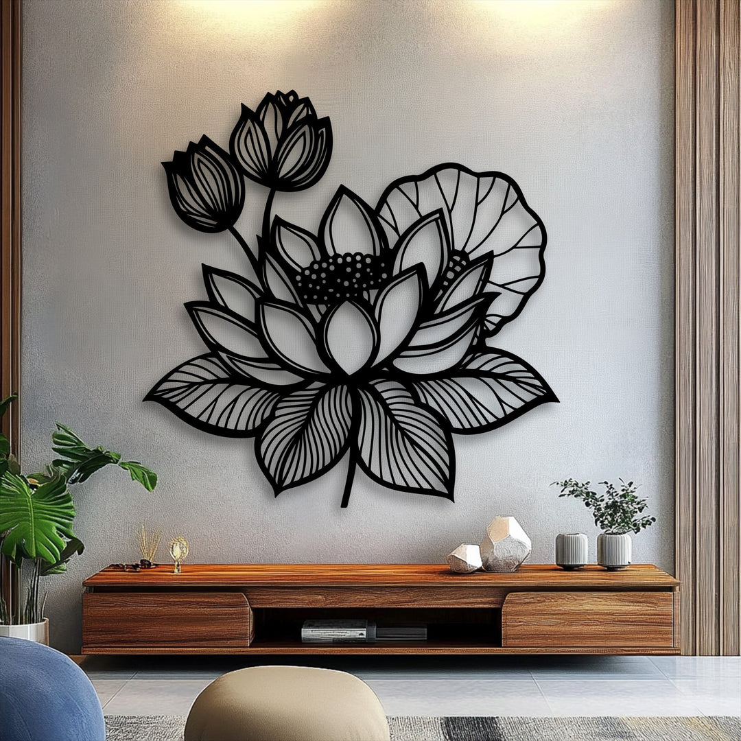 The realistic detail in this lotus floral metal art for wall captures the intricate texture and delicate curves of the petals and buds.