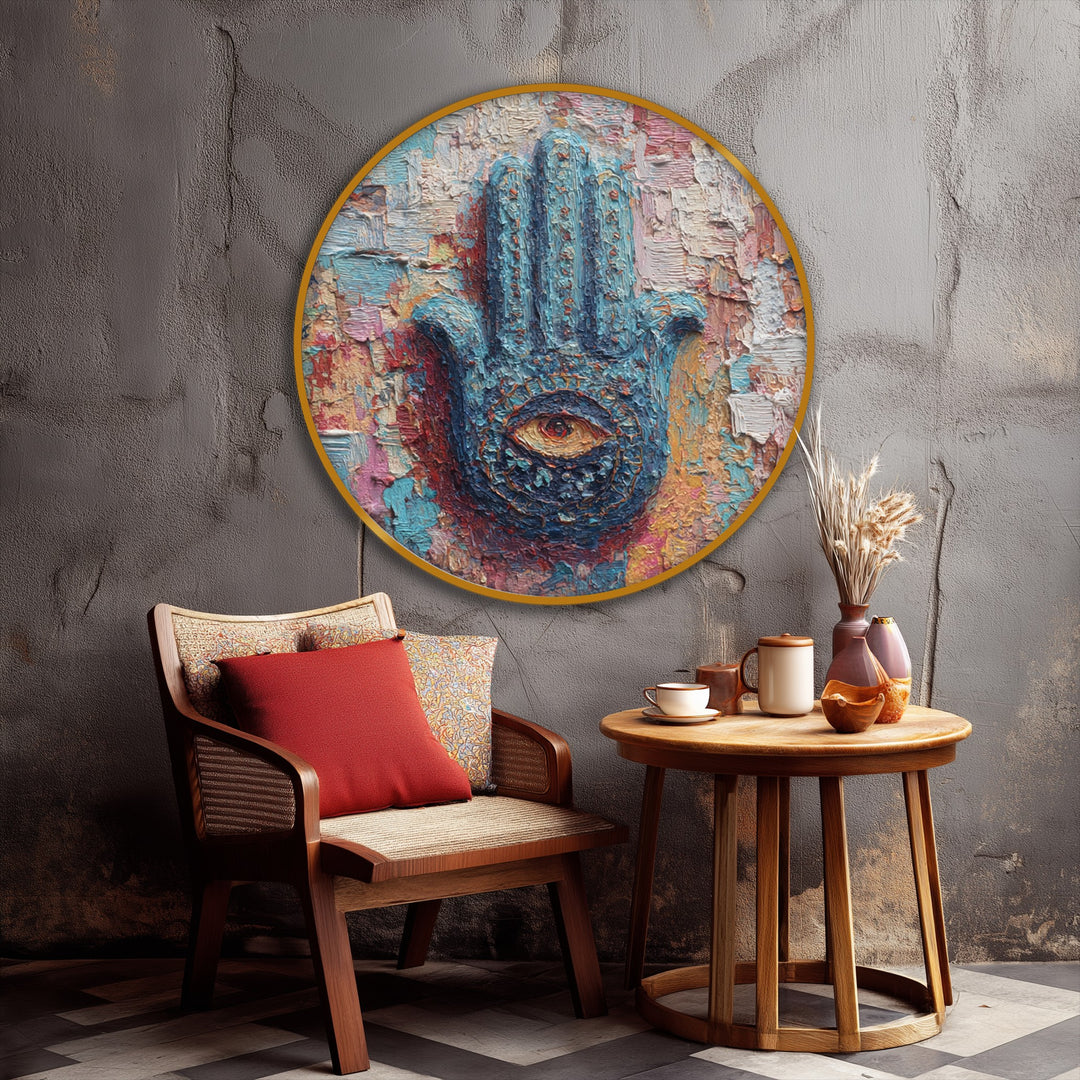 Vibrant color saturation makes the mystic hand of protection round canvas art stand out, featuring a spiritual eye design as colorful canvas art for a boho decor statement.