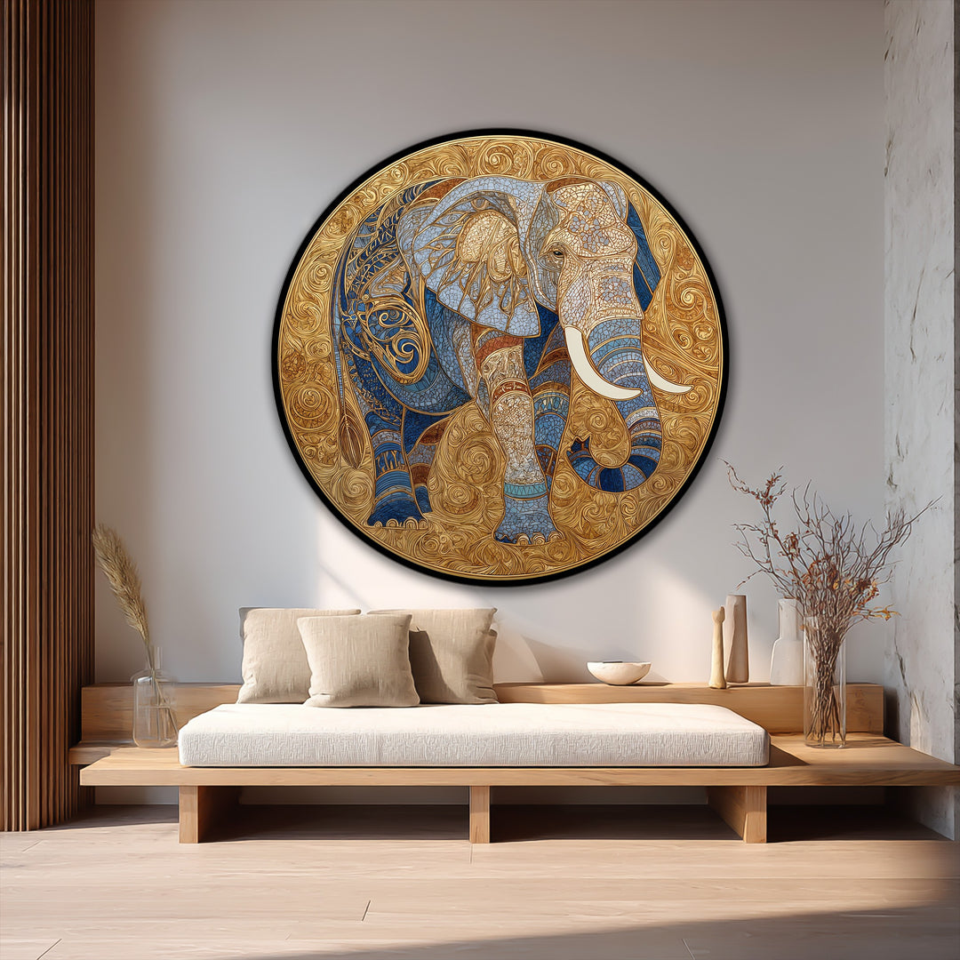 Warm color temperatures highlight the gold background of the ornate elephant medallion round oil painting art prints, contrasting with the cool blues in the design.