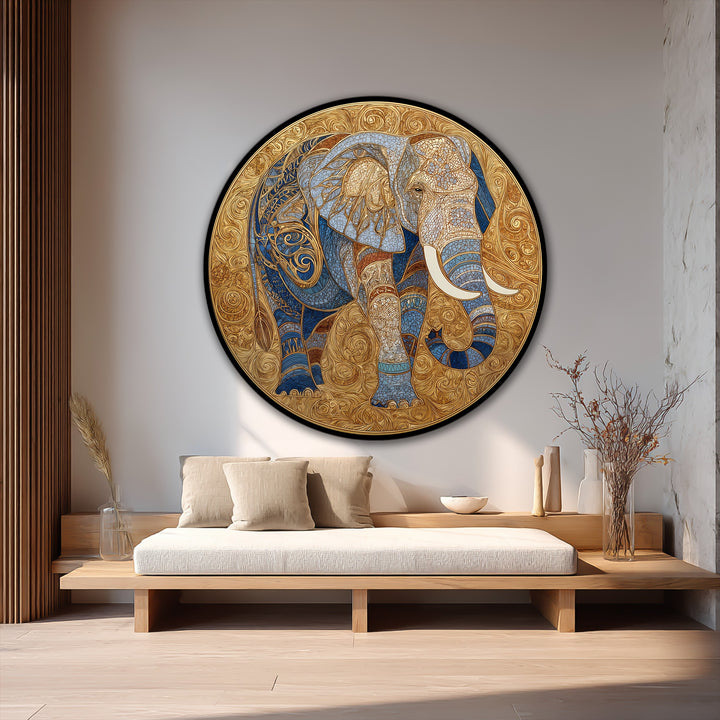Warm color temperatures highlight the gold background of the ornate elephant medallion round oil painting art prints, contrasting with the cool blues in the design.