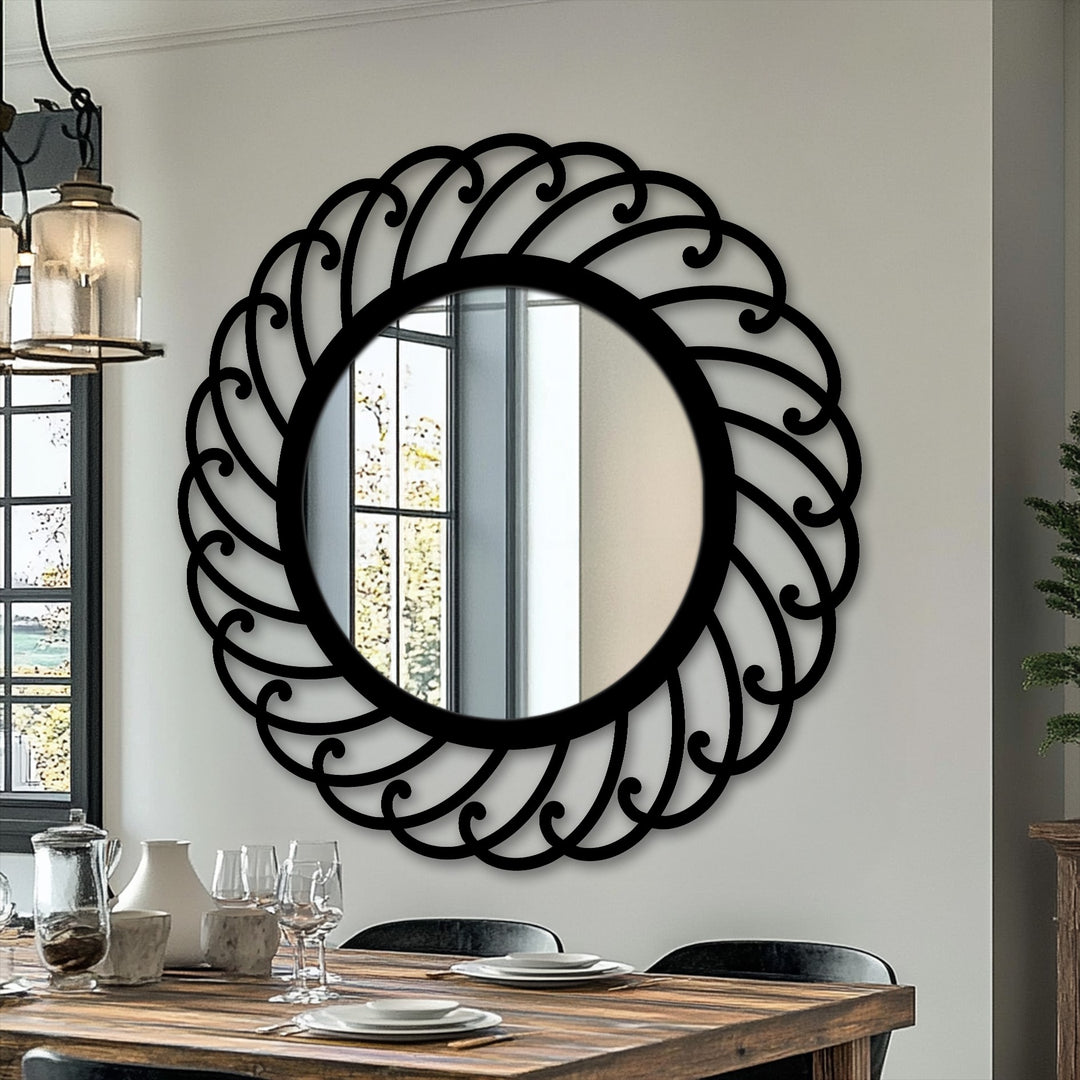 Transitioning light reflects across the face of this modern mirror with a swirling metal art for wall pattern, creating an elegant spiral design.