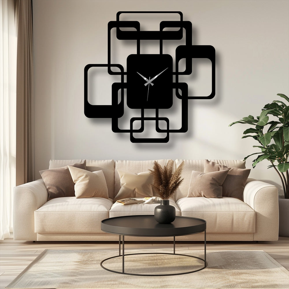 Featuring an abstract quality, this modern interlocking squares metal art for wall clock presents a geometric design in black, adding an artistic touch to a contemporary space.