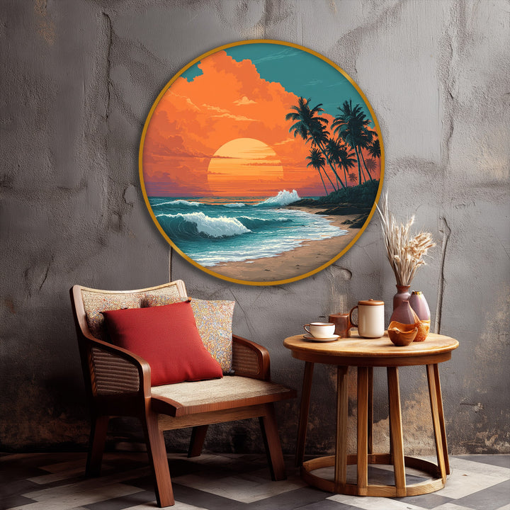 The canvas brings a gentle touch to this coastal decor with its big canvas prints depicting a tropical sunset beach round canvas print.