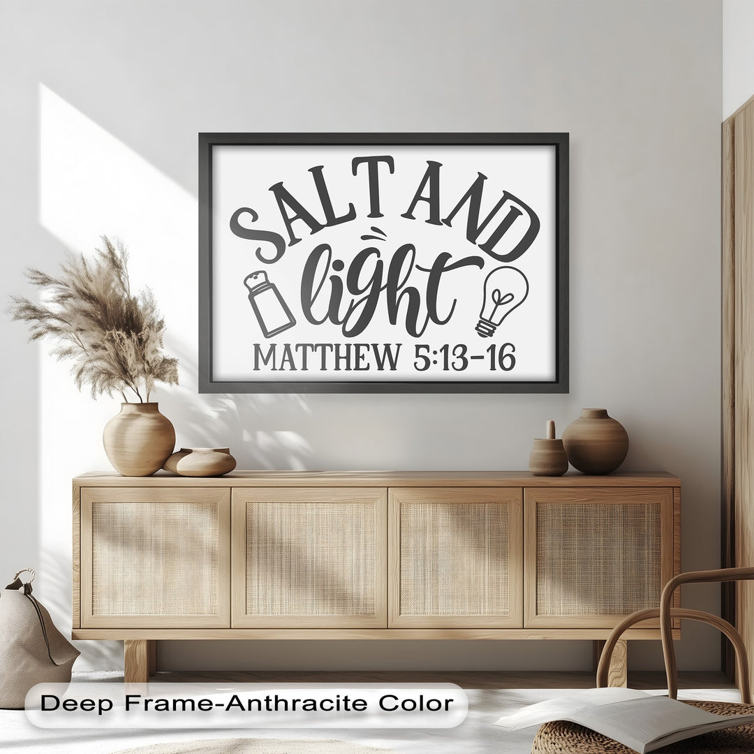 Biblical wall art with Salt and Light quote – Matthew 5:13-16.
