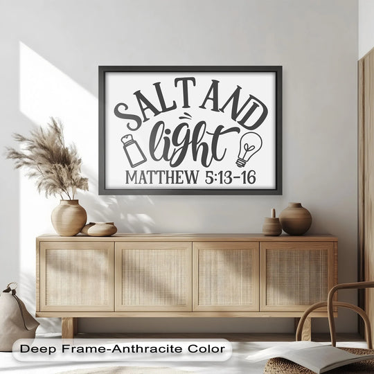 Illuminating light and shadow accentuate the 'Salt and Light' Christian scripture oil painting artwork, a spiritual piece ideal for home decoration.
