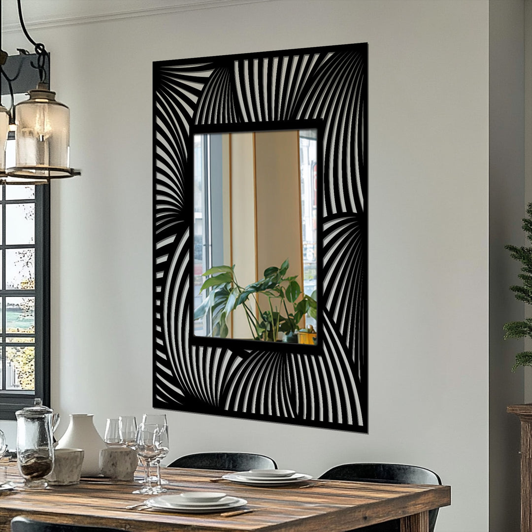 Reflected greenery softens the geometric edges of the flowing wave pattern rectangular floor mirror, offering a softened framed wall mirror perspective.