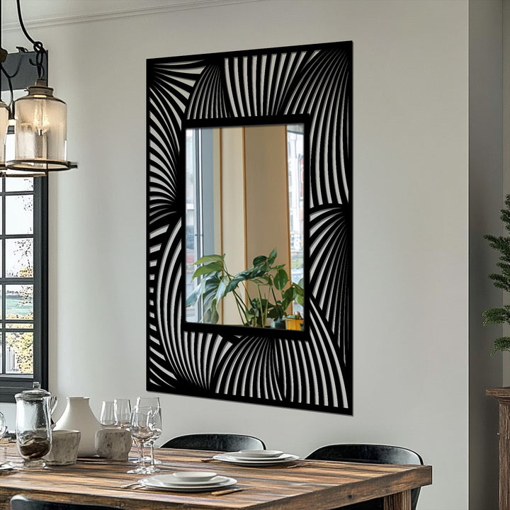 Reflected greenery softens the geometric edges of the flowing wave pattern rectangular floor mirror, offering a softened framed wall mirror perspective.