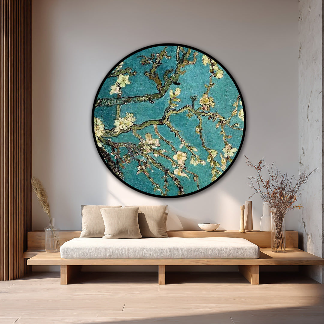 Sunlit blossoms illuminate this vibrant oil painting reproduction print of almond branches, creating a focal point of light in this captivating floral wall art.