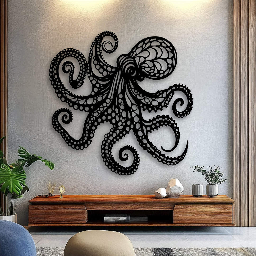 The octopus metal artwork displays intriguing light and shadow play, highlighting its detailed design and nautical charm on a bright wall.