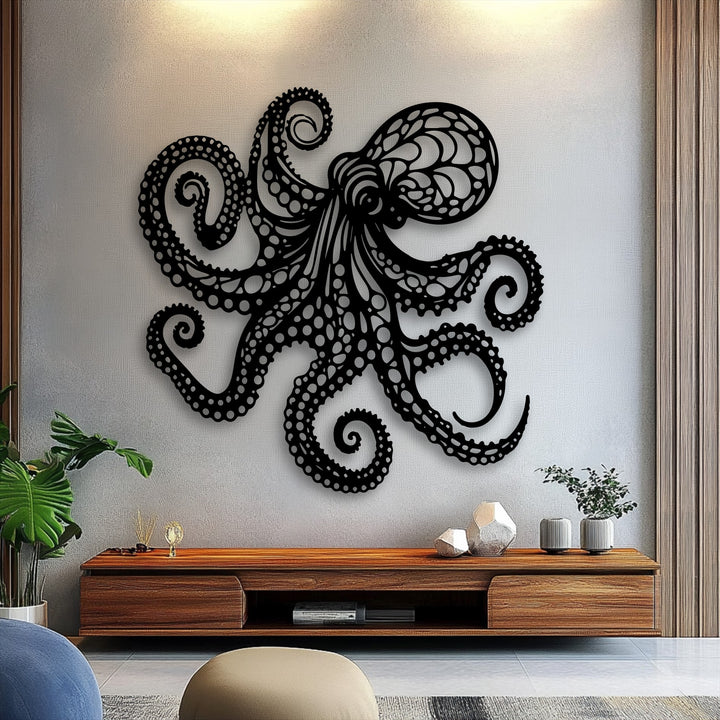 The octopus metal artwork displays intriguing light and shadow play, highlighting its detailed design and nautical charm on a bright wall.