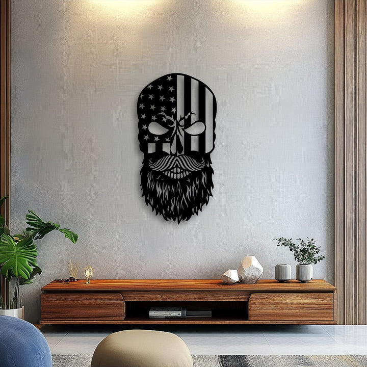 The darkest area reveals a striking black Patriot Skull decorative metal art with a detailed beard and American flag design.