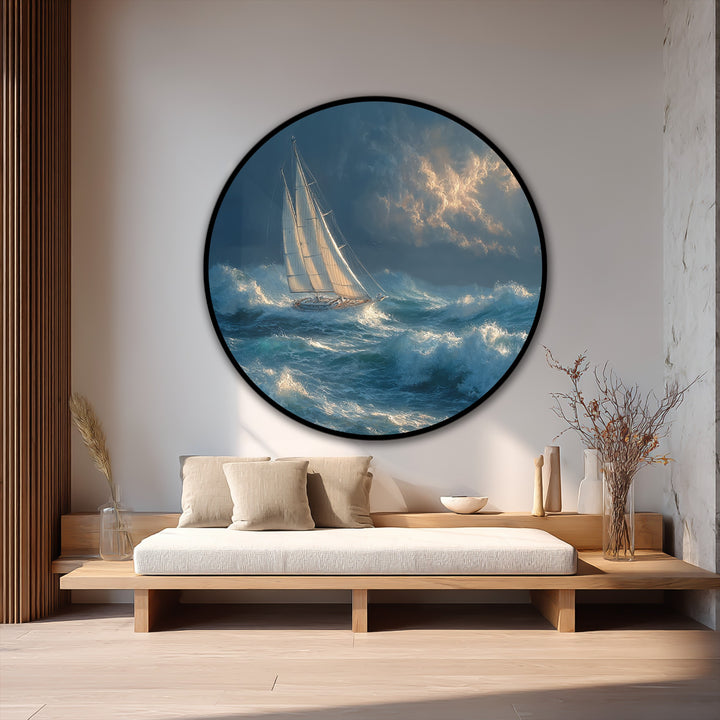 Evoking the abstract quality, the dramatic sailing boat round oil painting presents an intriguing swirl of color and movement, a unique piece of oil painting home decor.