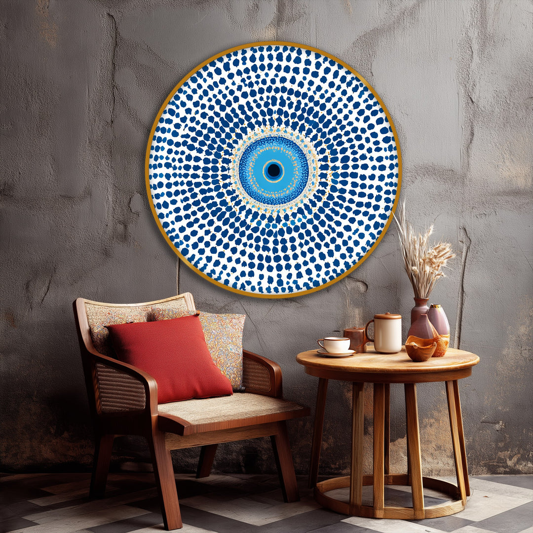 Visual rhythm is achieved in this canvas pictures composition through concentric circles of blue dots, creating a mesmerizing mandala-like design on this round canvas wall art.