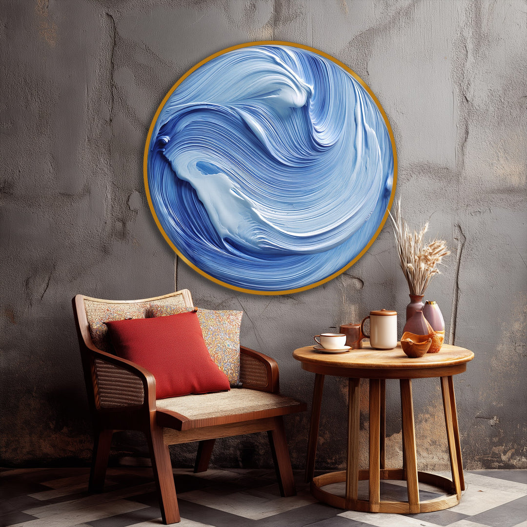 Ocean Flow Blue Abstract Round Canvas Print – Modern Wave Wall Art