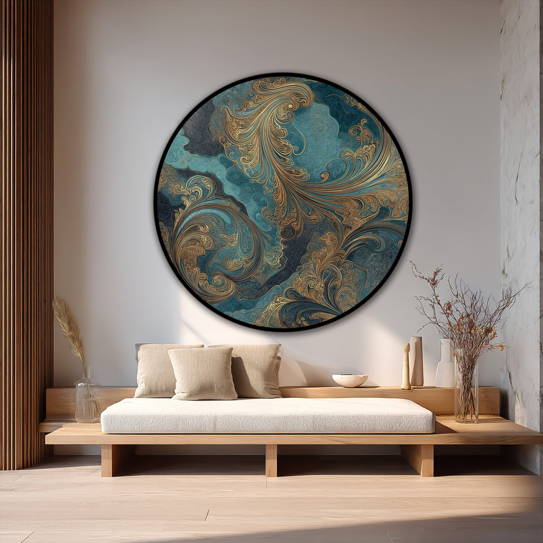Textured surface of the Gilded Ocean Whispers abstract teal round oil painting showcases an intricate, swirling pattern reminiscent of a high-quality oil painting reproduction print.