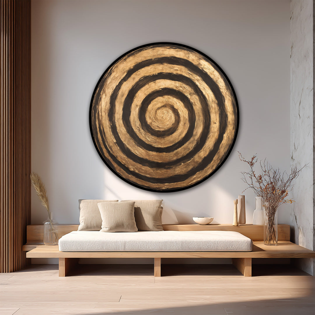 Horizontal, round modern oil painting art displays an abstract wooden design featuring golden ripples and concentric rings in a circular orientation.