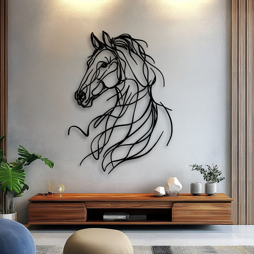Soft light creates captivating shadows around the graceful abstract horse line metal art for wall, highlighting its modern design.