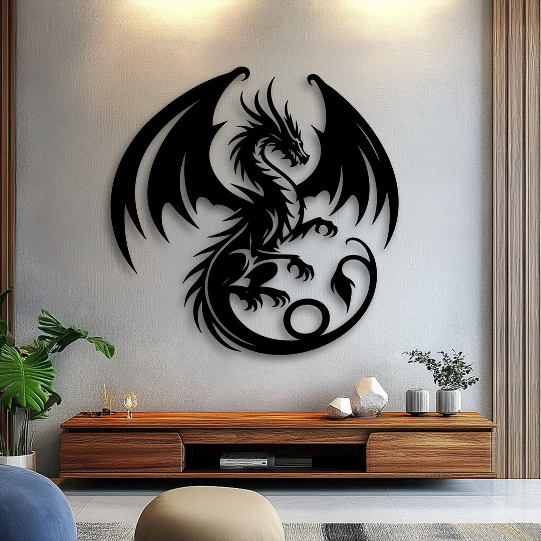 The layering effect of the black metal dragon decoration wall art is prominently displayed, creating a dynamic shadow against the textured wall.