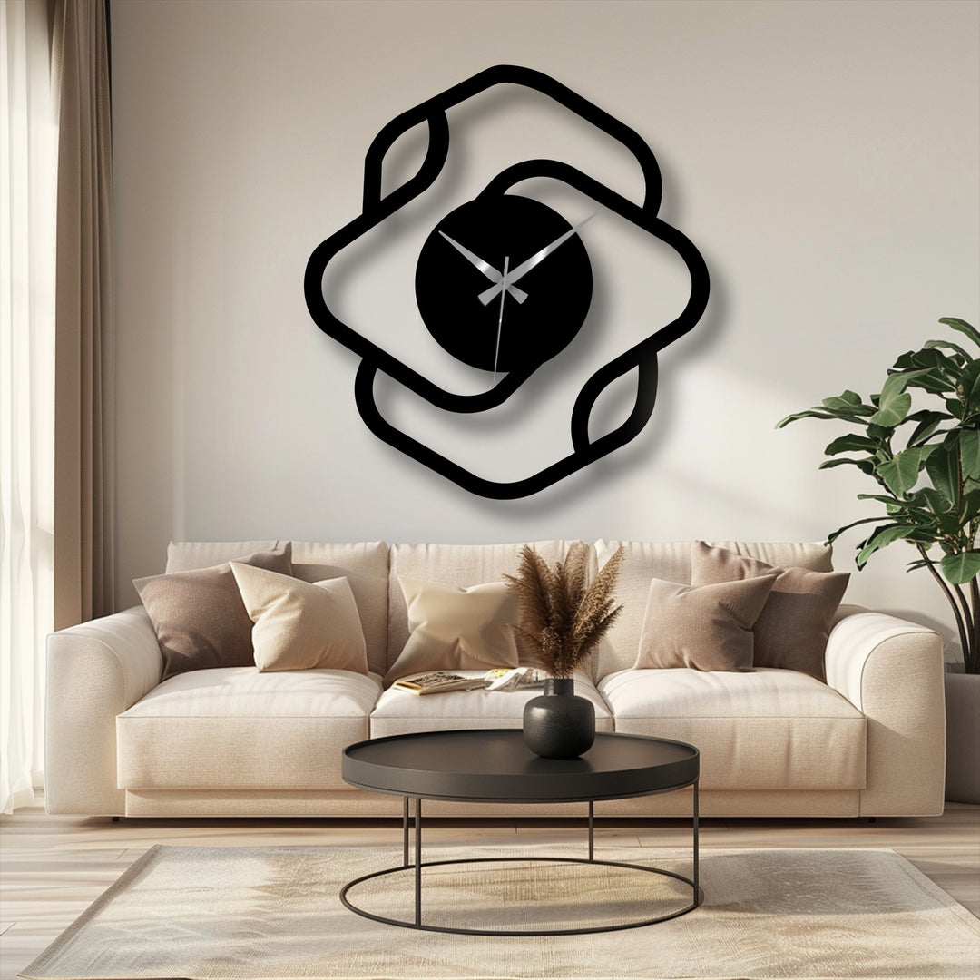 The stillness emphasizes the silent sweep of the hands on this modern square frame decorative metal art clock, suspended above a peaceful living room scene.