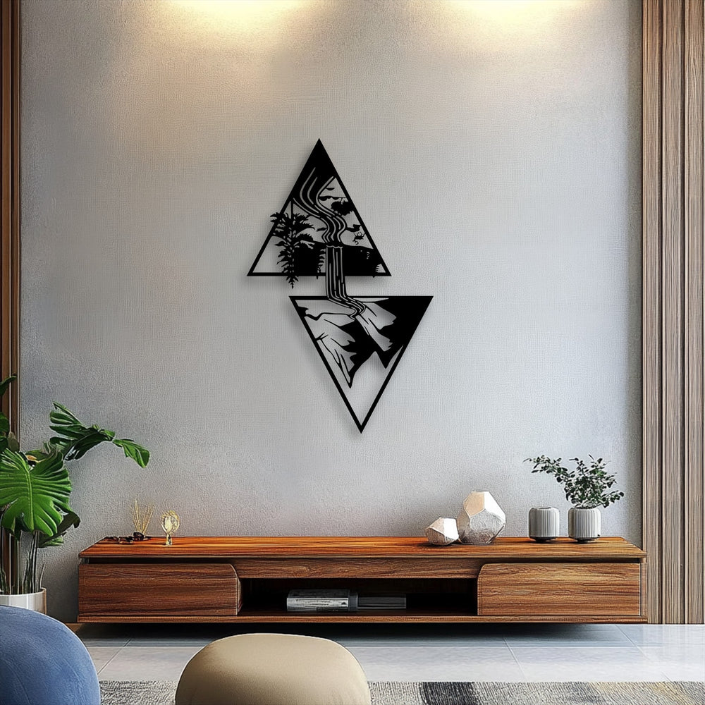 The textured light gray wall with warm lighting and a vertical wooden panel provides a crisp background for the geometric waterfall metal art for wall.