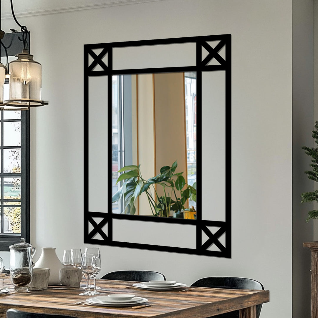Exploring the abstract quality of a minimal cross detail black metal floor mirror, creating a geometric decorative metal art statement.