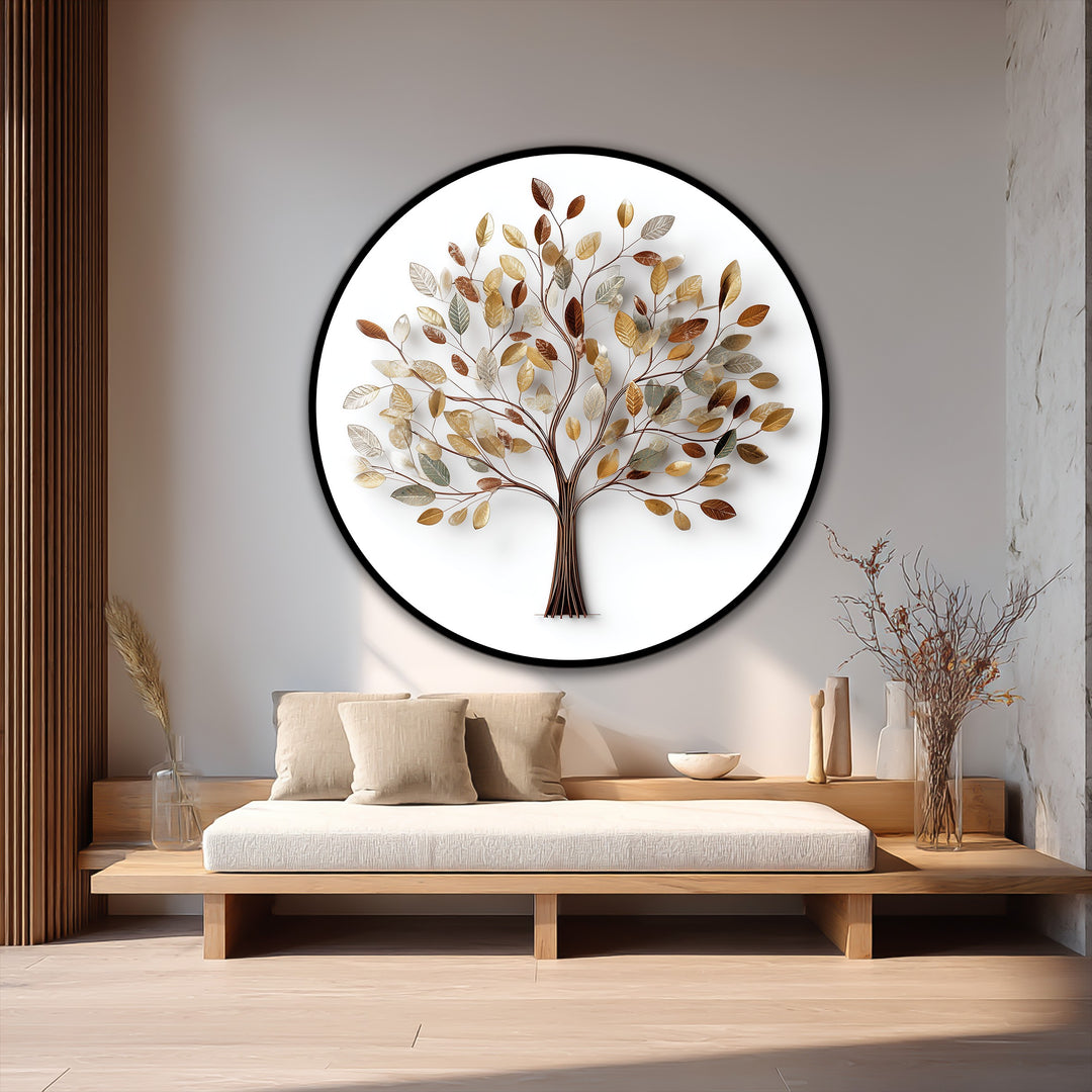 Serene, this golden leaf tree elegantly presented in a round oil painting art piece offers a calming, botanical mood perfect for modern interiors.
