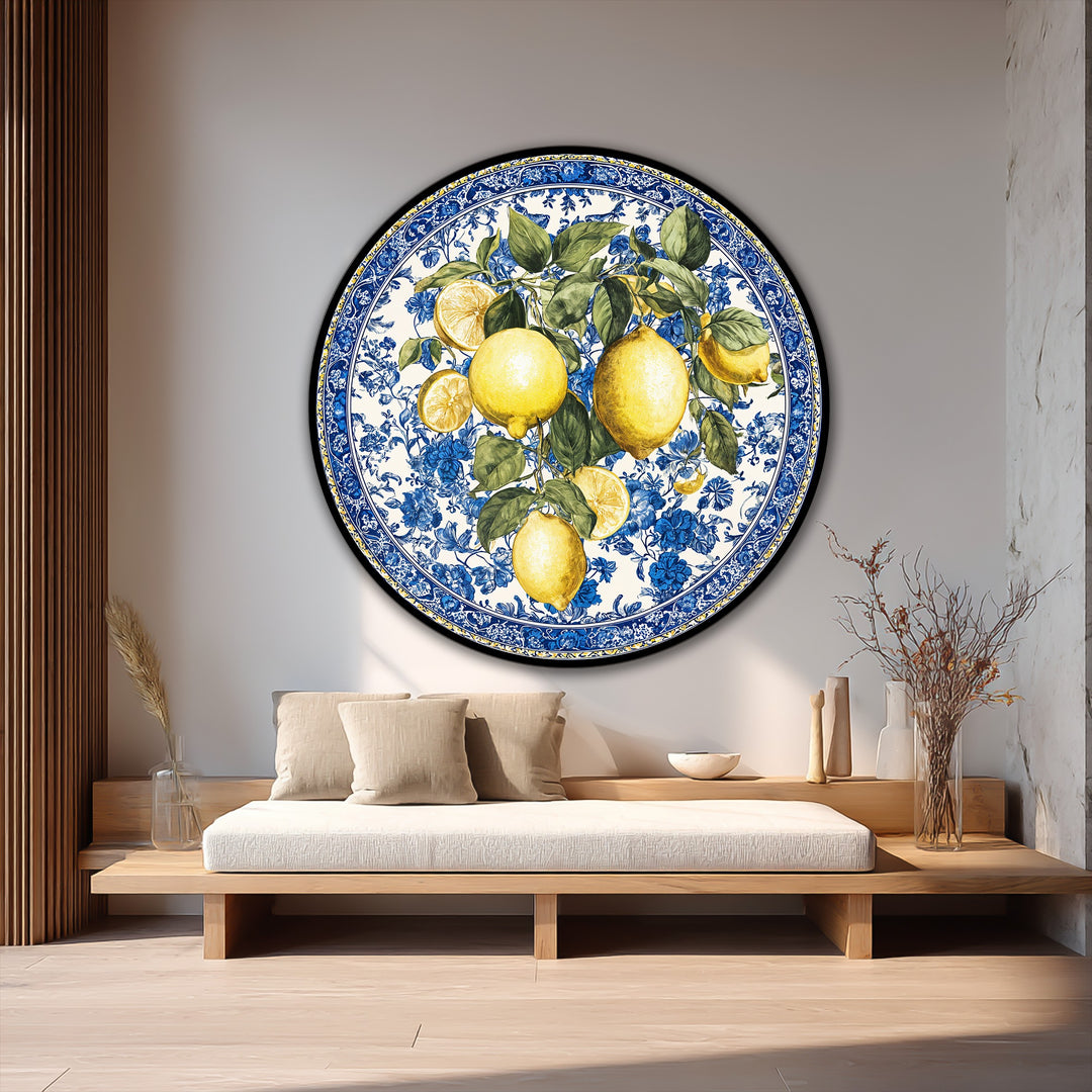Mediterranean Freshness – Lemon & Blue Floral Round Oil Painting