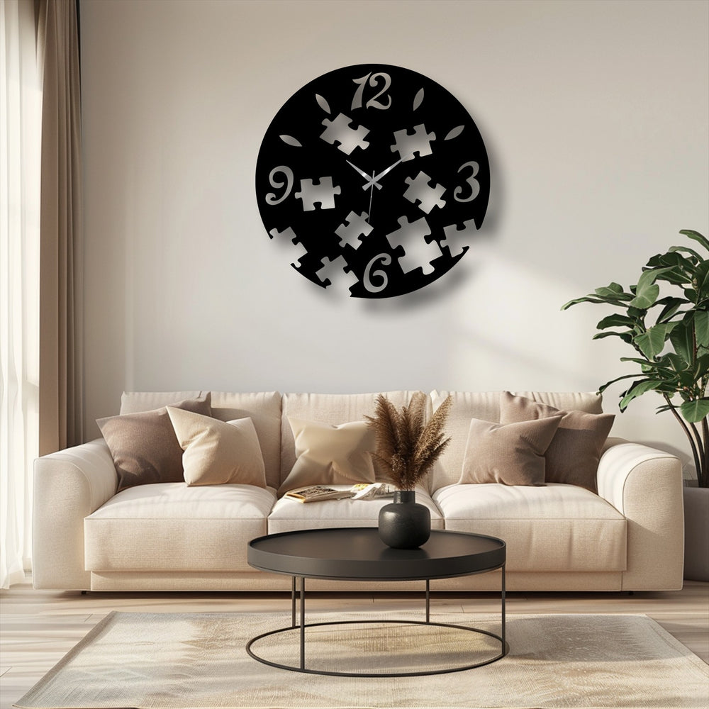 Relatively low color saturation emphasizes the abstract creative design of this puzzle pieces metal artwork wall clock, creating a subdued focal point.